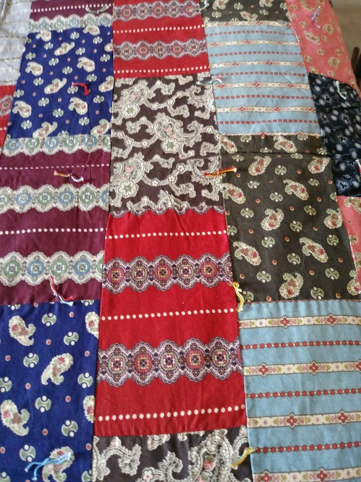 Antique, Vintage, Navy, Red, Blues, Browns, Tie Quilt, 77 1/2