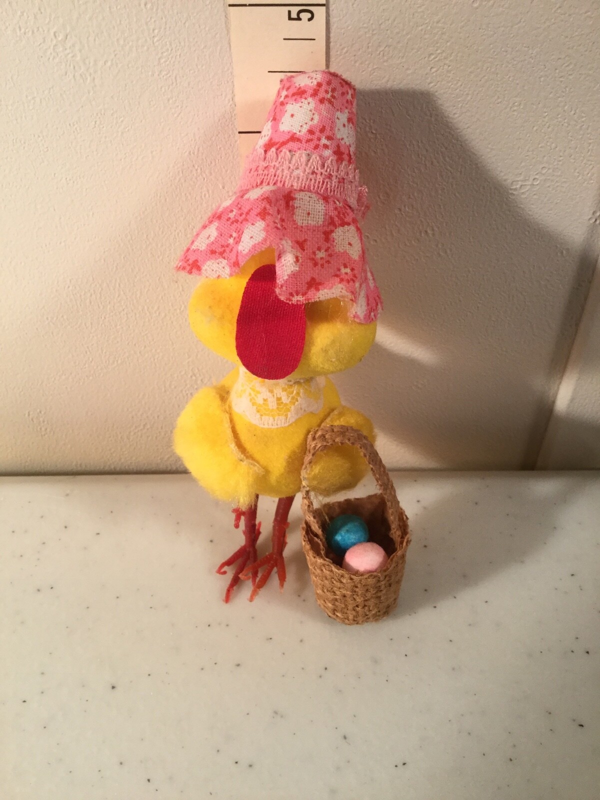 Vintage Chick with Pink Easter Hat Woven Easter Basket 2 Eggs Blue and Pin