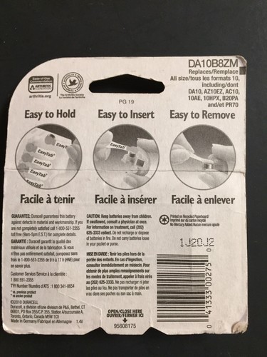 8 Count Duracell Hearing Aid Batteries # 10 Expired