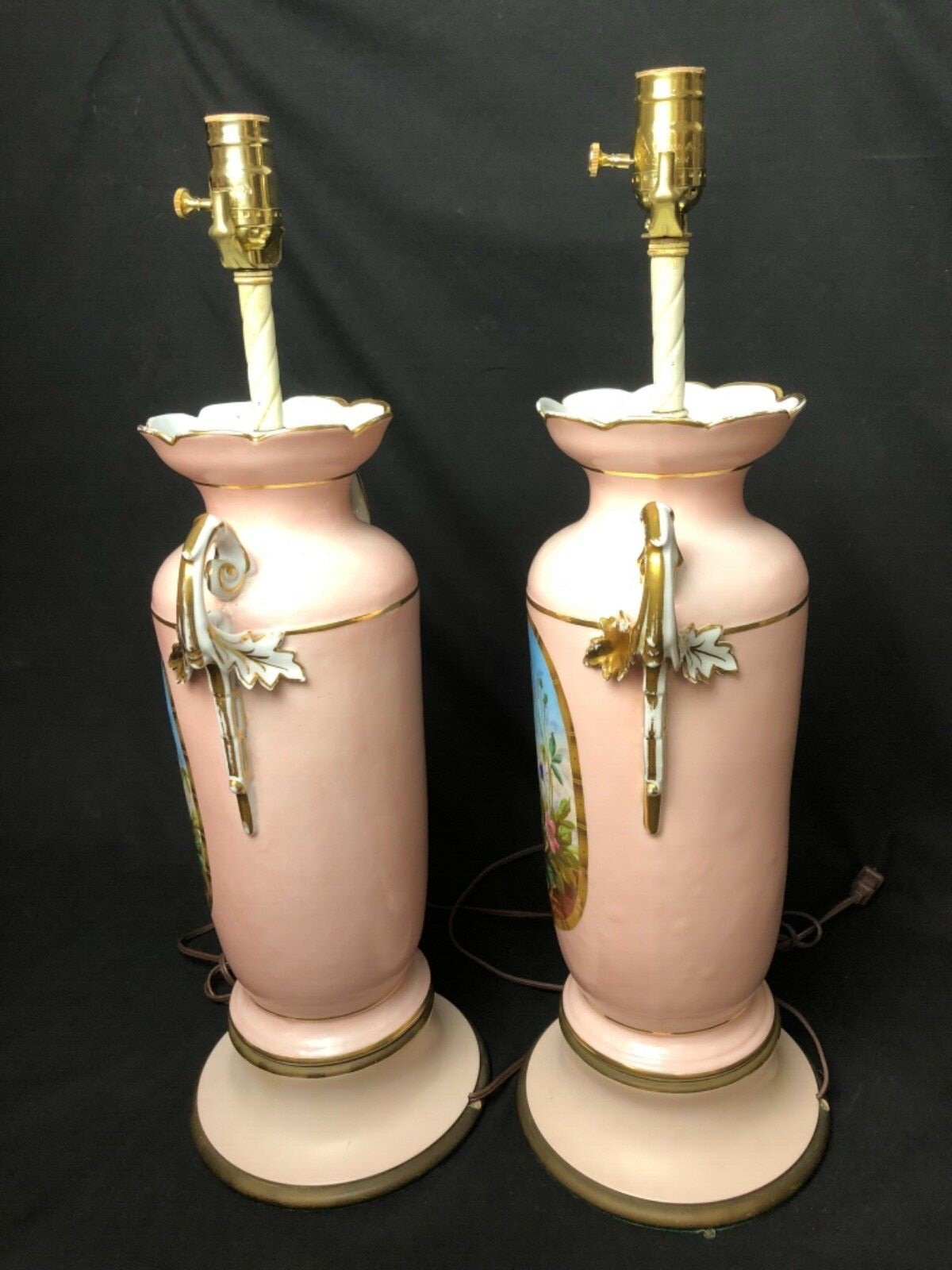 Set Of 2 Antique 24” Old Paris Lamps Pink Floral **Newly Rewired & New 3 Way***