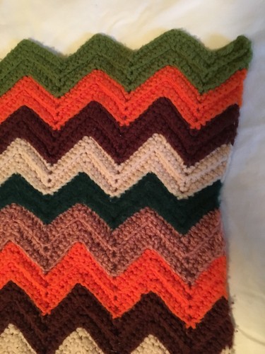 Afghan Blanket Spread  35 X 41 Handmade Fall Colors Crochet Chevron