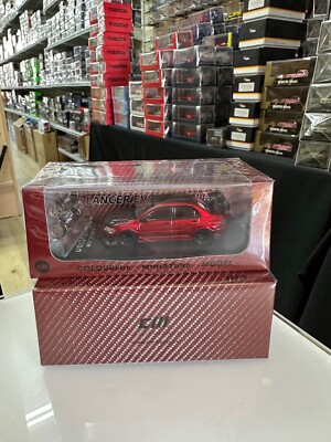 MITSUBISHI LANCER EVO IX CARBON FIBER RED WITH EXTRA WHEELS 1/64 CAR CM MODELS