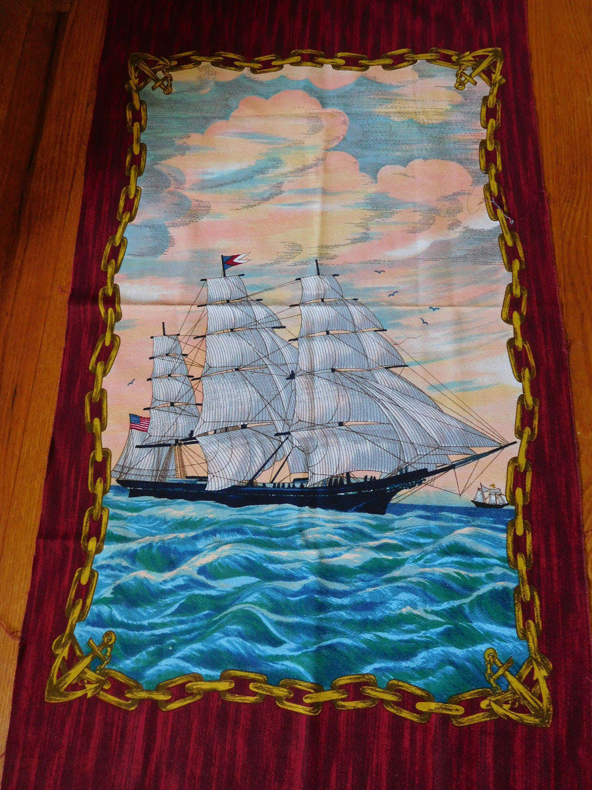 Vintage Wesco Reltex Fabric Panel Nautical American Flag Sailing Ship 44