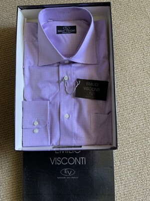 New EV Mens 100%Cotton Shirt,WithTag,Size16.5 ,Lilac Houndstooth.Made In Italy.