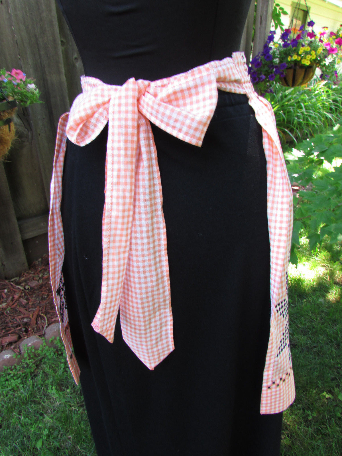Vintage Peach and White Gingham Apron with Black Cross Stitching
