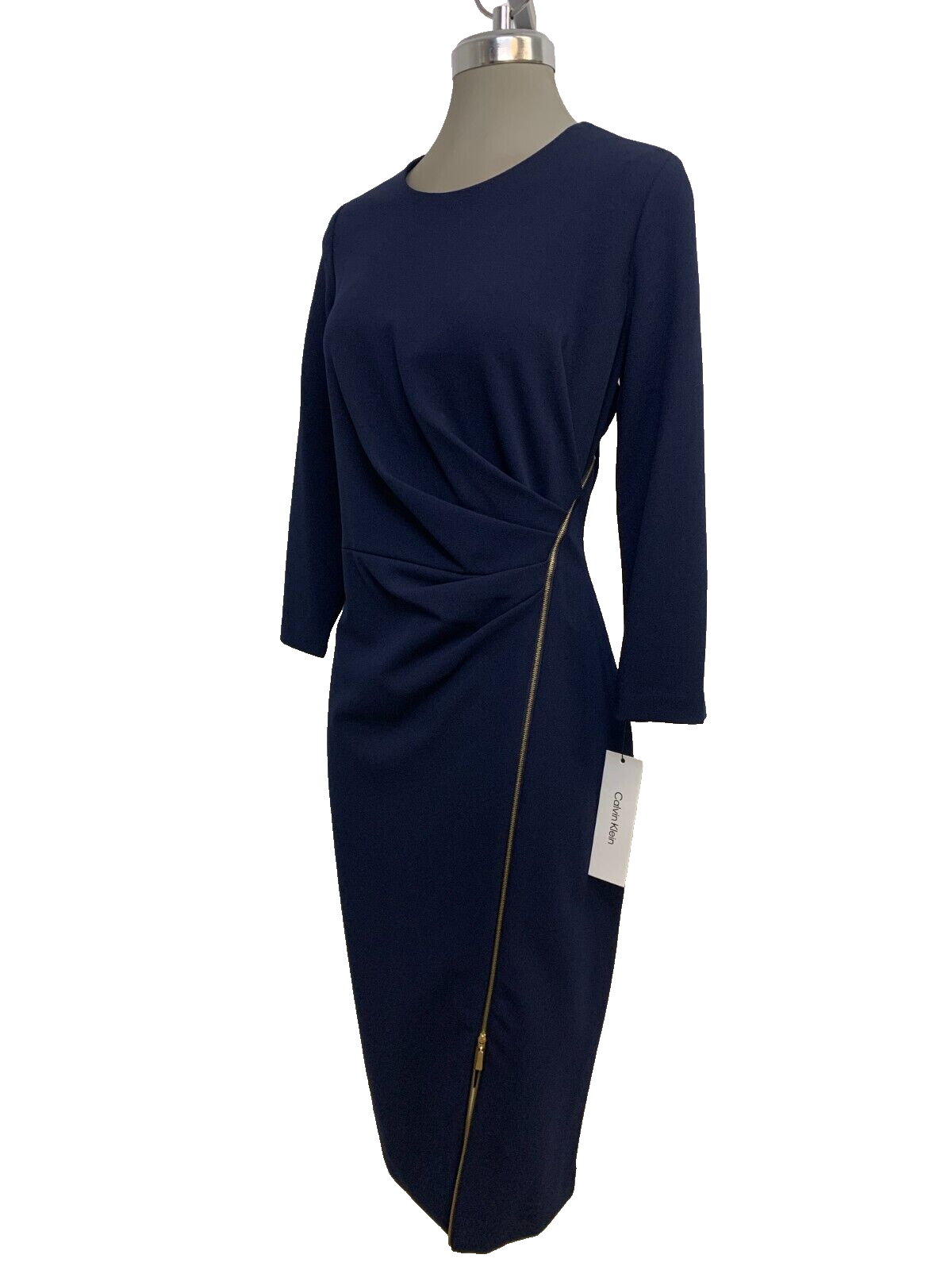 Размер 12 Элегантное женское платье-футляр из темно-синего крепа Calvin Klein с плиссировкой спереди на молнии
