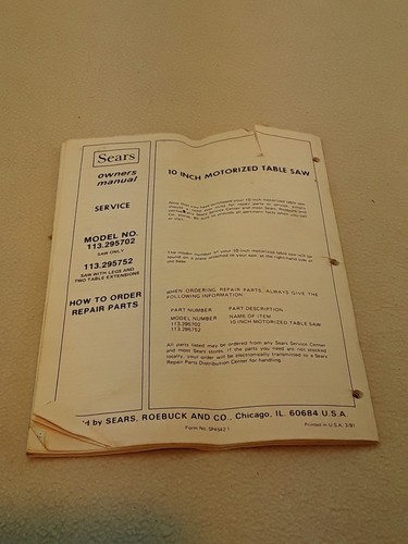 Sears Craftsman 113.295702 10 inch Table Saw Owners Manual  ~ 1981 printed