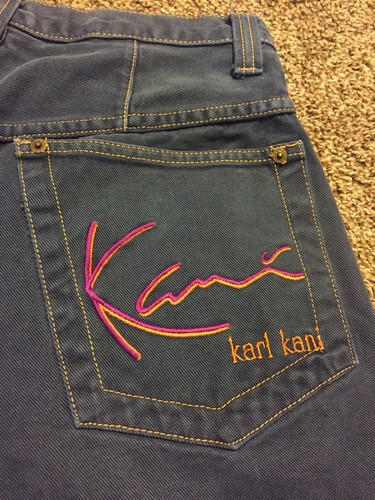 Vintage Karl Kani Jeans Shorts Blue Spell out Orange Purple Hip Hop Era 90’s 30
