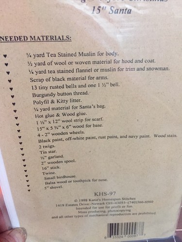 Katie’s Homespun Stitches Night Before Christmas 15” Santa Doll Pattern Holiday