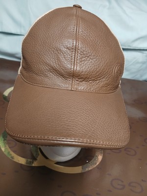  Gucci Brown Leather/ Cotton Hat Baseball cap Size M