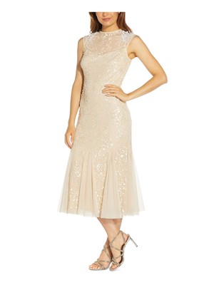 

ADRIANNA PAPELL Женское вечернее платье-футляр миди без рукавов с бисером, Бежевый