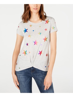 INC Womens Grey Tist Front Stars Short Sleeve Jewel Neck Top Размер: XS