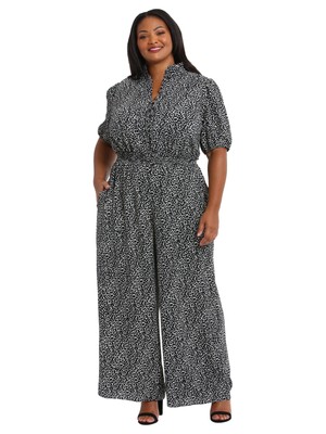LONDON TIMES WOMAN Womens Black Waist Short Sleeve Wide Leg Jumpsuit Plus 20W