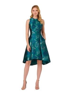 ADRIANNA PAPELL Womens Teal Lined Trim Hi-lo Hem Sleeveless Fit + Flare Dress 12