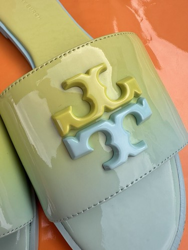 Pre-owned Tory Burch Everly Slide Flat Soft Patent Leather Celeste Ombré W Logo Sz 7 In Green/yellow