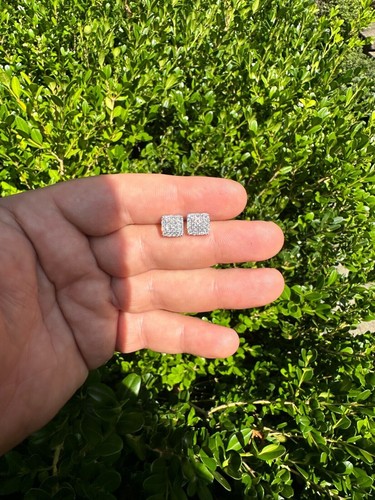 Pre-owned Silver 1.32ct Vvs Real Diamond Men's Solid 925  Iced Hip Hop Square Earrings 8mm In White
