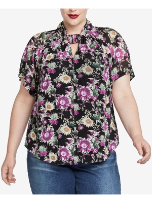 

RACHEL ROY Женский черный топ с короткими рукавами и цветочным принтом с закругленным вырезом, большие размеры