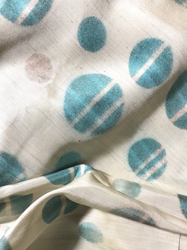 Vintage Rich SILK Cream with Teal Green & Taupe Circles Geometric Print 3 Yards