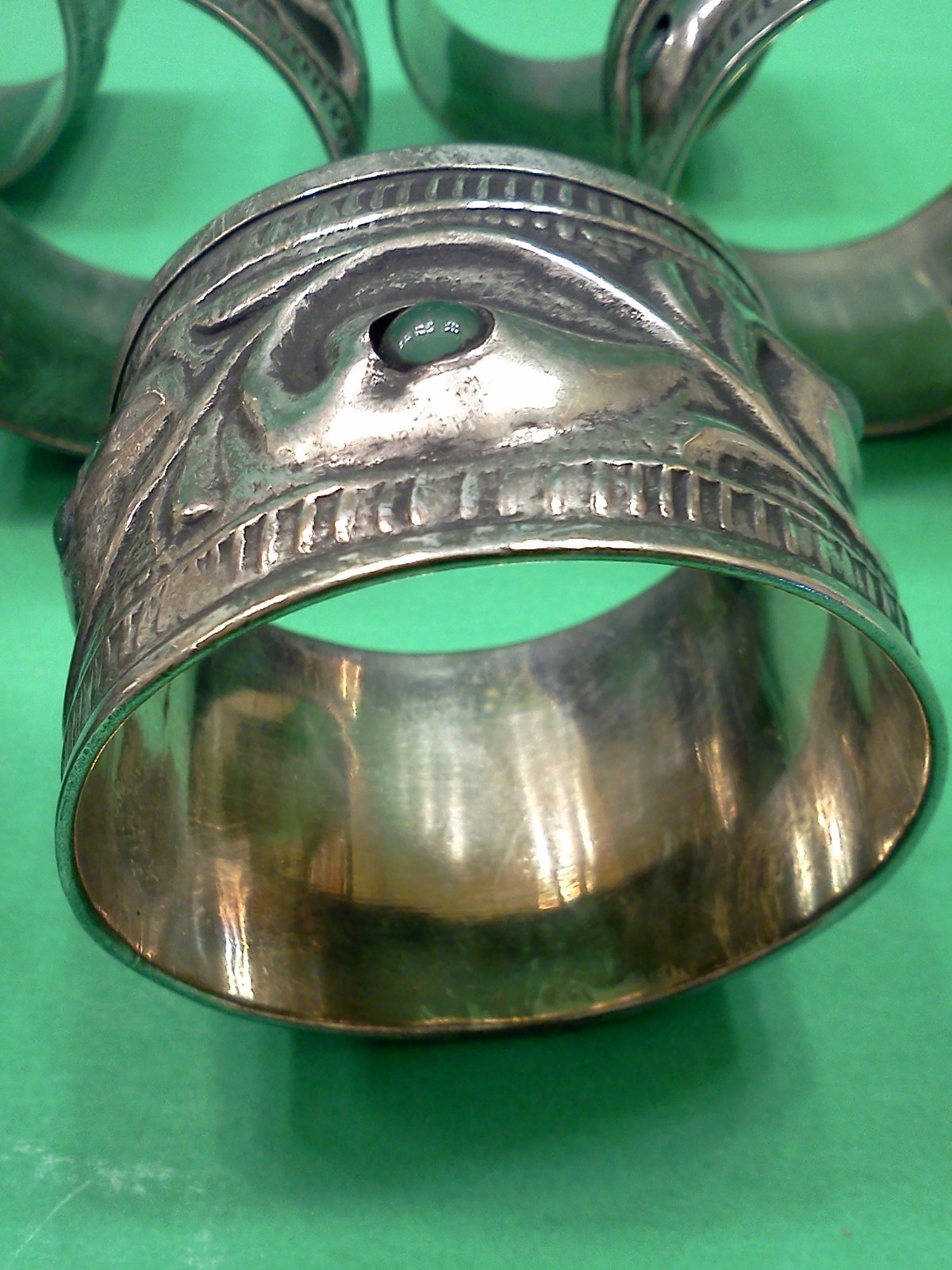 RARE ANTIQUE ART NOUVEAU NAPKIN RINGS With Green Stones Silver or Silverplated