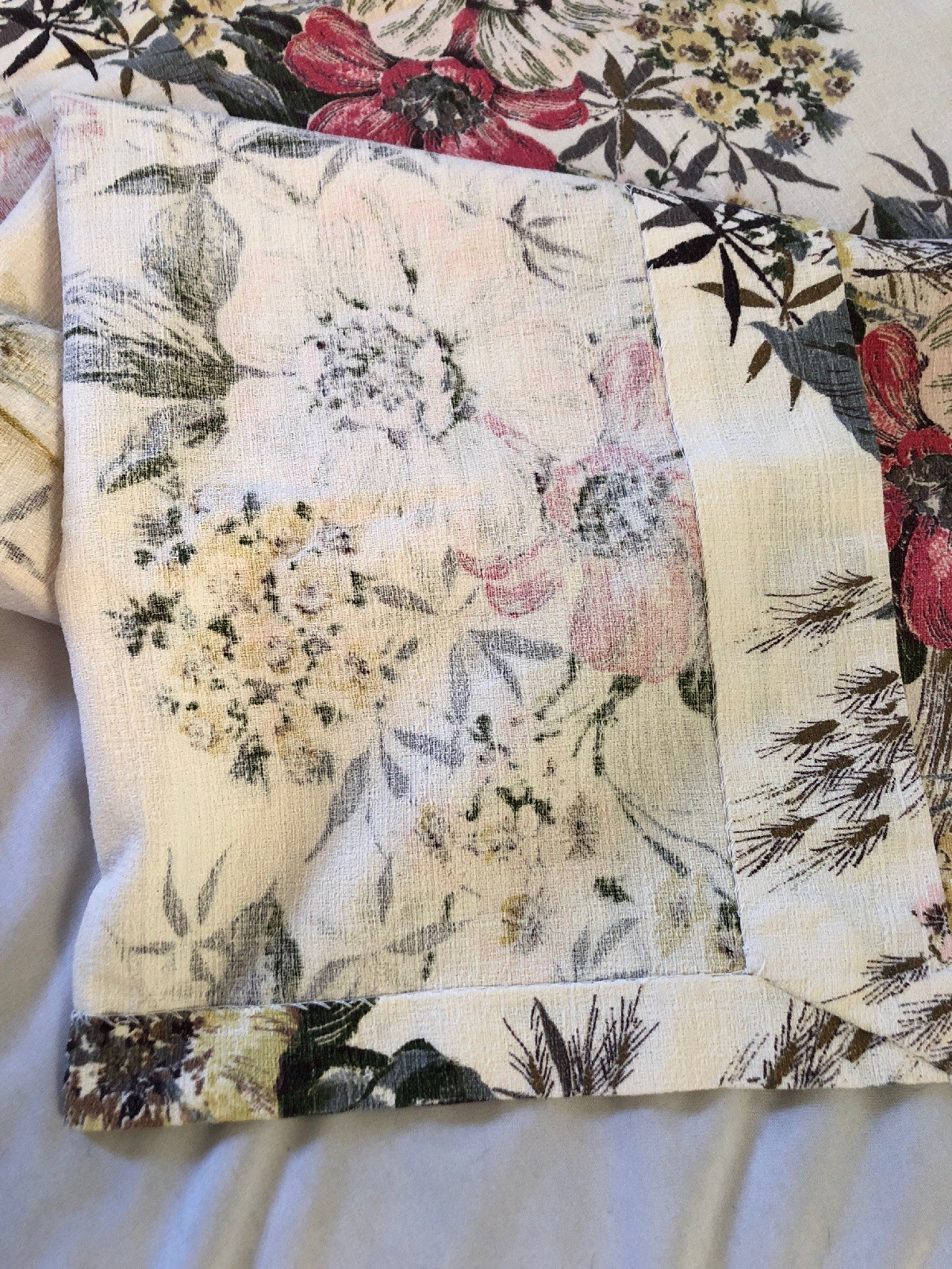 Vintage 6 Lg Barkcloth Floral Drapes Fabric Panels Shabby Chic White Pink Gold