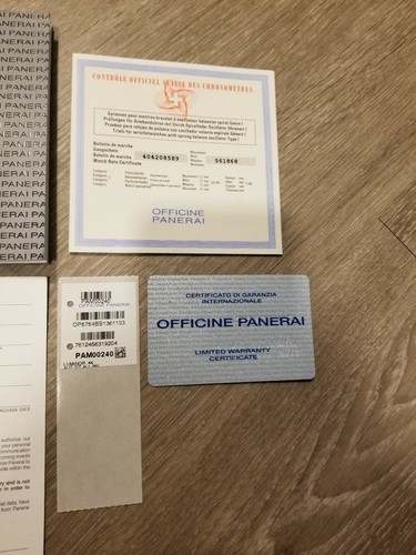 Officine Panerai International Guarantee COSC Certification Warranty Card Tags