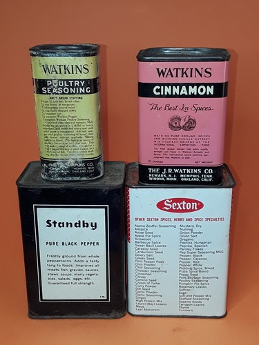 Lot of 4 Spice Tins ~ Watkins Cinnamon Standby Pepper Sexton Mustard