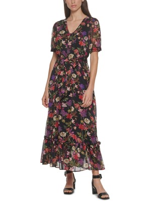 

CALVIN KLEIN Женское черное платье макси с расклешенными рукавами и пуговицами спереди на пуговицах, Черный