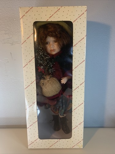 Dillard's Christmas Trimmings Victorian Girl with Tree  Doll  on stand 19”