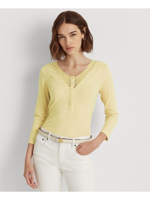 

LAUREN RALPH LAUREN Женский желтый топ на пуговицах спереди с длинным рукавом и V-образным вырезом
