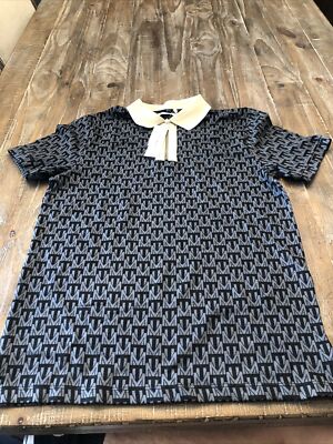 Topman Monogram 1/4 Zip  polo with contrast collar in Gray XS
