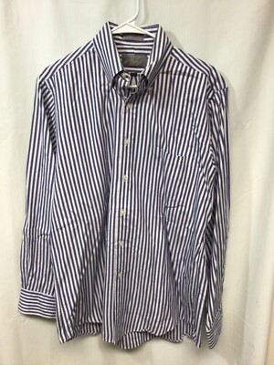 Kensington Blue Striped 16/34 Cotton Long Sleeve Made Hong Kong Button Down B3