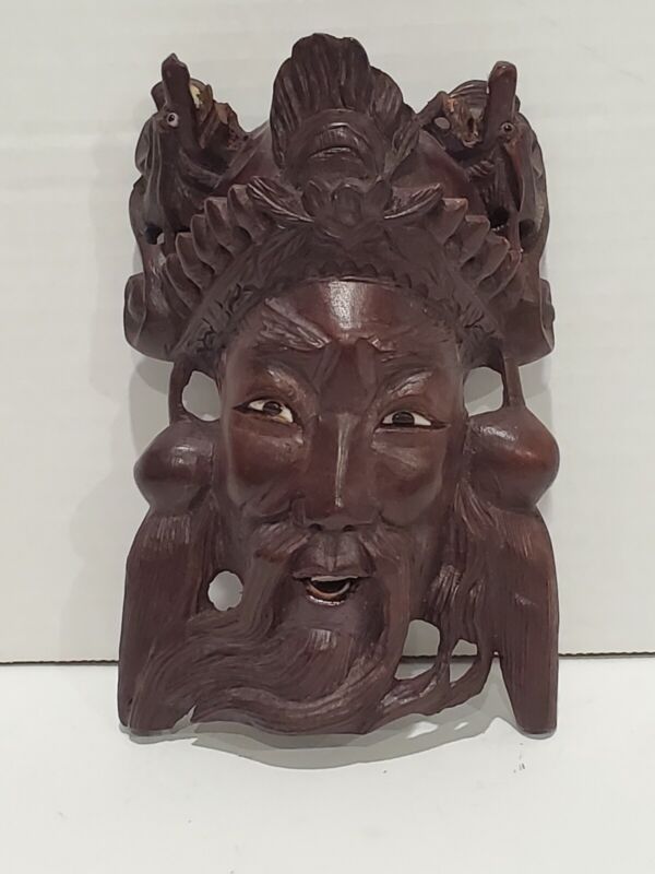 VTG Wooden Carved Chinese Wall Hanging Mask - Emperor & Devil Dogs / Dragons