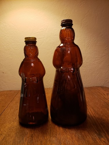 2 Vintage Mrs. Butterworth's Aunt Jemima Amber Glass Syrup Bottles