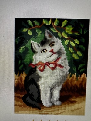 Printed needlepoint tapestry canvas only 7x9.5 inch  Cat With Ribbon Orchidea