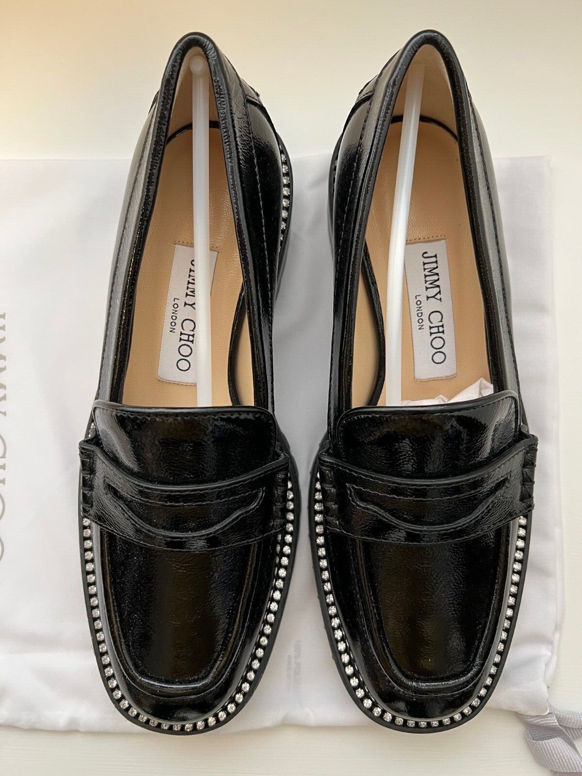 Pre-owned Jimmy Choo Deanna Crystal-embellished Patent Leather Loafers, Size 37 In Black