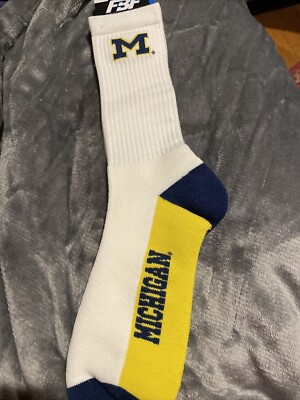 Michigan White with Gold Bottom & Navy Heel & Toe Deuce Crew Socks 10-13