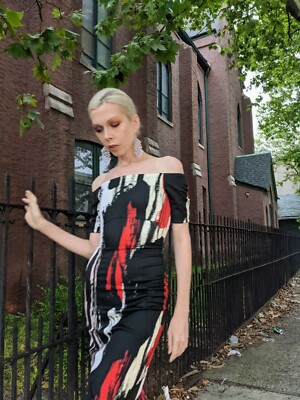 H&M Black Colorful Dress NWT 34 US 2/4 Off the Shoulder Brush Stroke Artsy