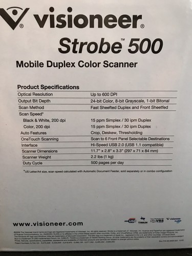 VISIONEER STROBE 500 MOBILE DUPLEX COLOR SCANNER, NEW