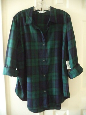 Old Navy Emerald Forest Green Blue Black Plaid Cotton Flannel Shirt 2X 2XL XXL
