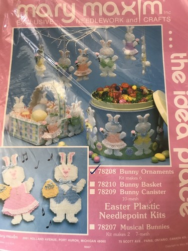 MARY MAXIM 6 EASTER BUNNY ORNAMENTS KIT PLASTIC CANVAS NEEDLEPOINT