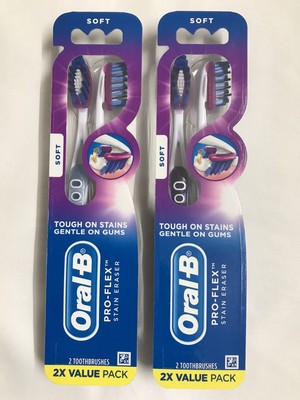 Oral-B PRO-FLEX  SOFT  Touch on stains gentle on gums  2 PACK(4 brushes)
