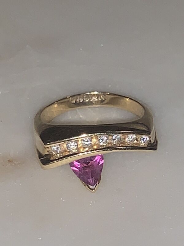 Trillion Cut Pink Tourmaline & Diamond  Ring, 14k Gold Size 6
