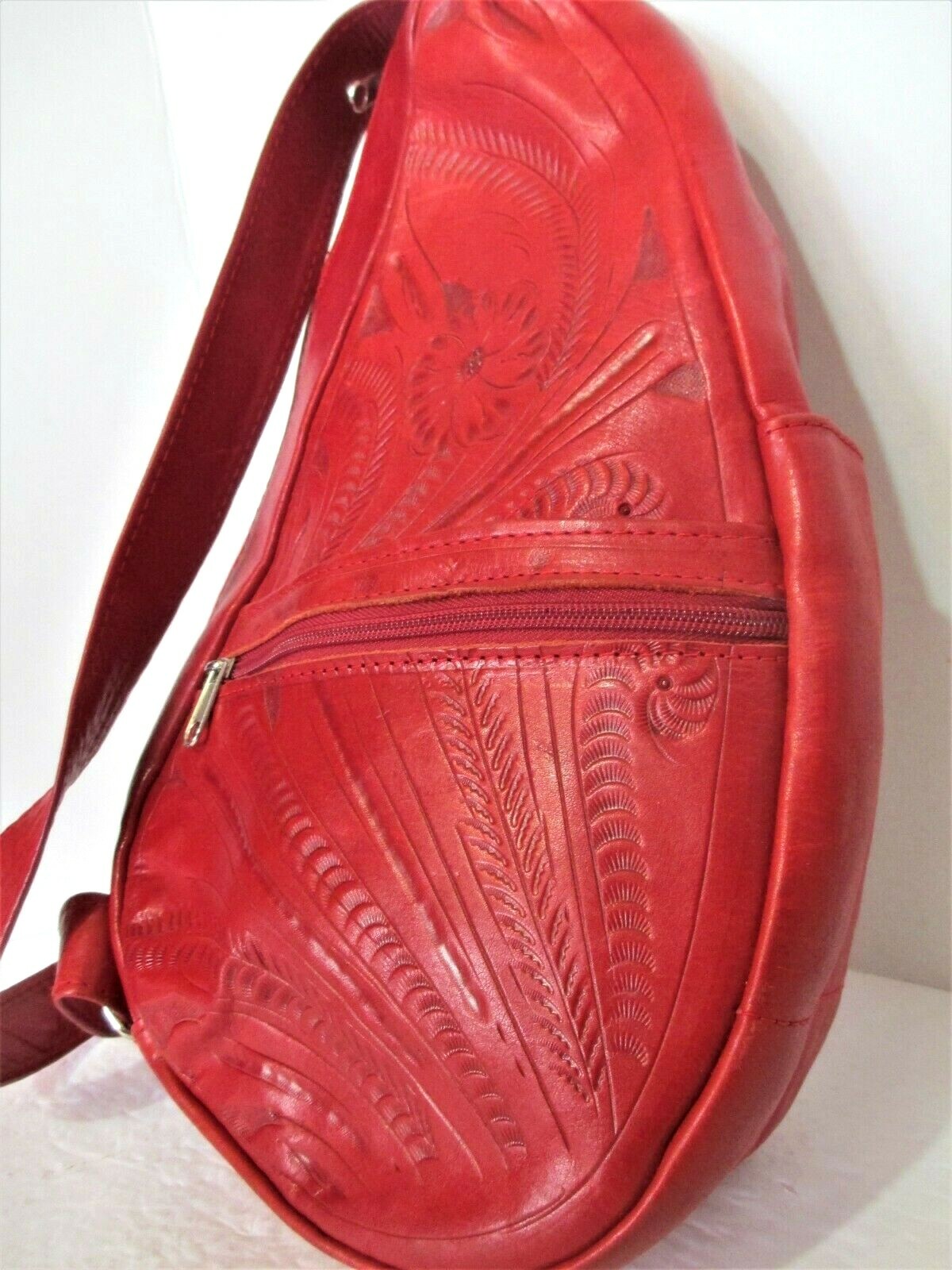 New Hand Tooled RED GENUINE LEATHER Large Multi Pocket Sling Shoulder Bag FAB