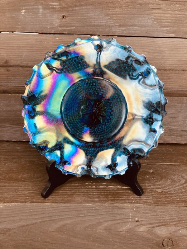 Vintage Carnival Glass Indiana Hostess Plate Scalloped Blue Rainbow Diamond 10"