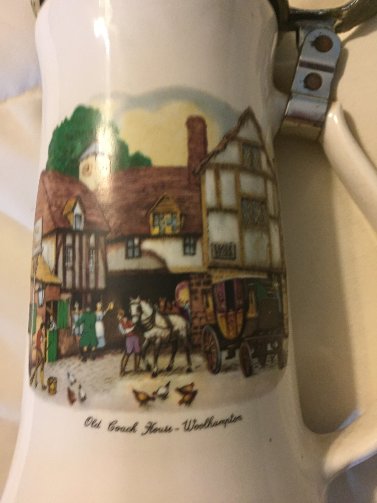 VINTAGE SILVER METAL LIDDED OLD COACH HOUSE WOOLHAMPTON STEIN MUG CUP & LID