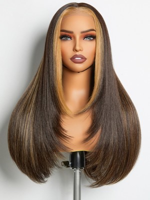 Dark Brown with Blonde Highlight Lace Wig Long Straight Layered Wig Pre Cut G...