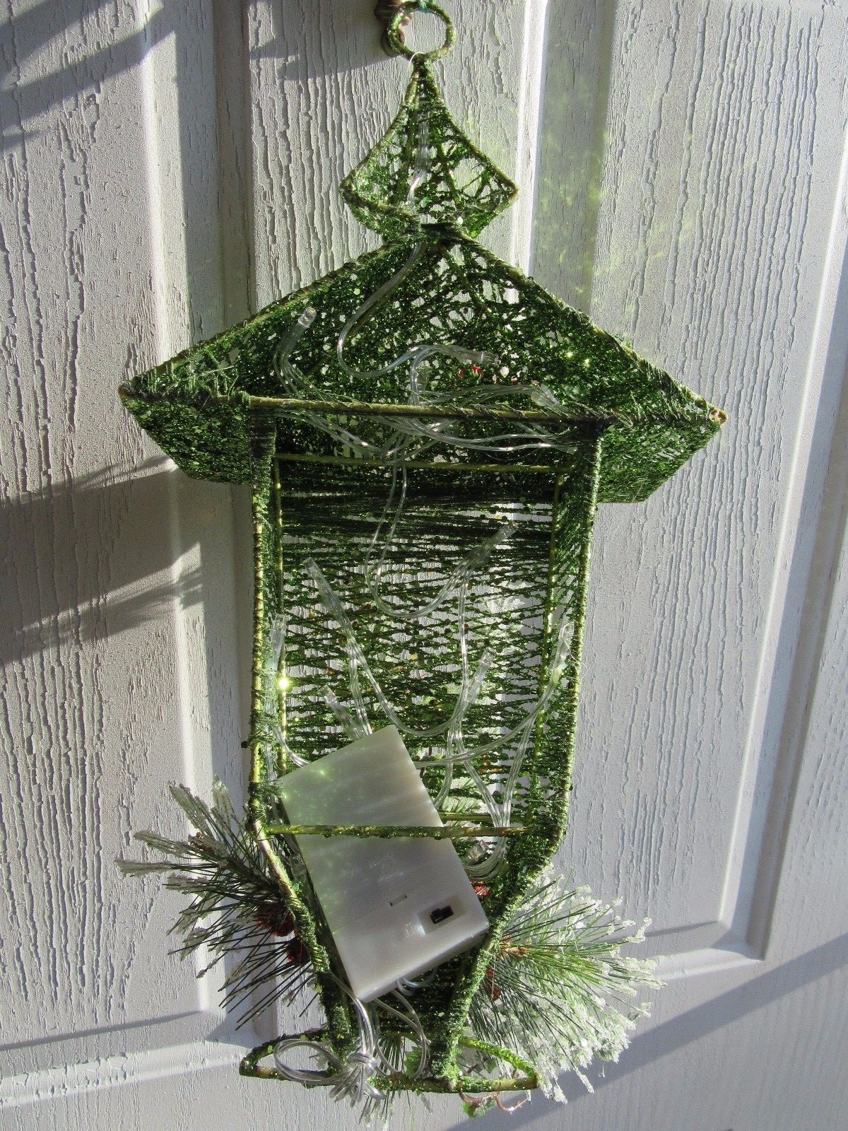 Merry Christmas Door Decor Green House with Red Cardinal and Lights.  Sku # 16