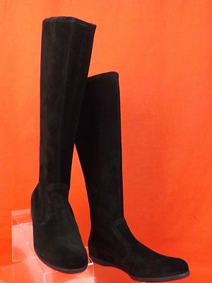 Pre-owned Prada Miu Miu 5w7186 Black Stretch Suede Knee High Tall Back Zip Flat Boots 41