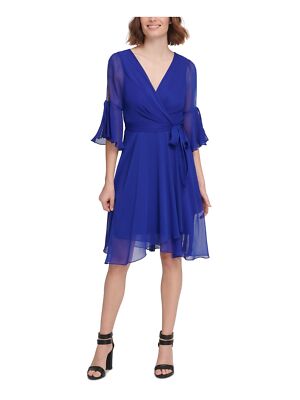 

DKNY Womens Blue Tie Flutter с рукавом 3/4 ниже колена Party Faux Wrap Dress, Синий