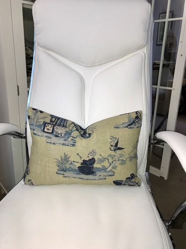 SET OF 2, ACQUITAINE “LOOKING GLASS” CHINOISERIE GREEN BLUE LINEN PILLOWS